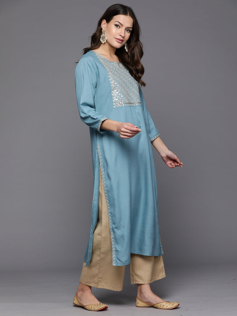 Indo Era Blue Embroidered Straight Kurtas