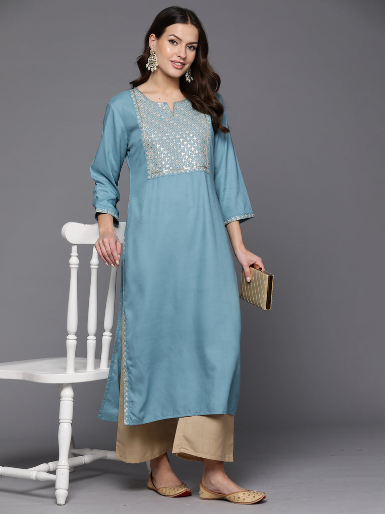 Indo Era Blue Embroidered Straight Kurtas