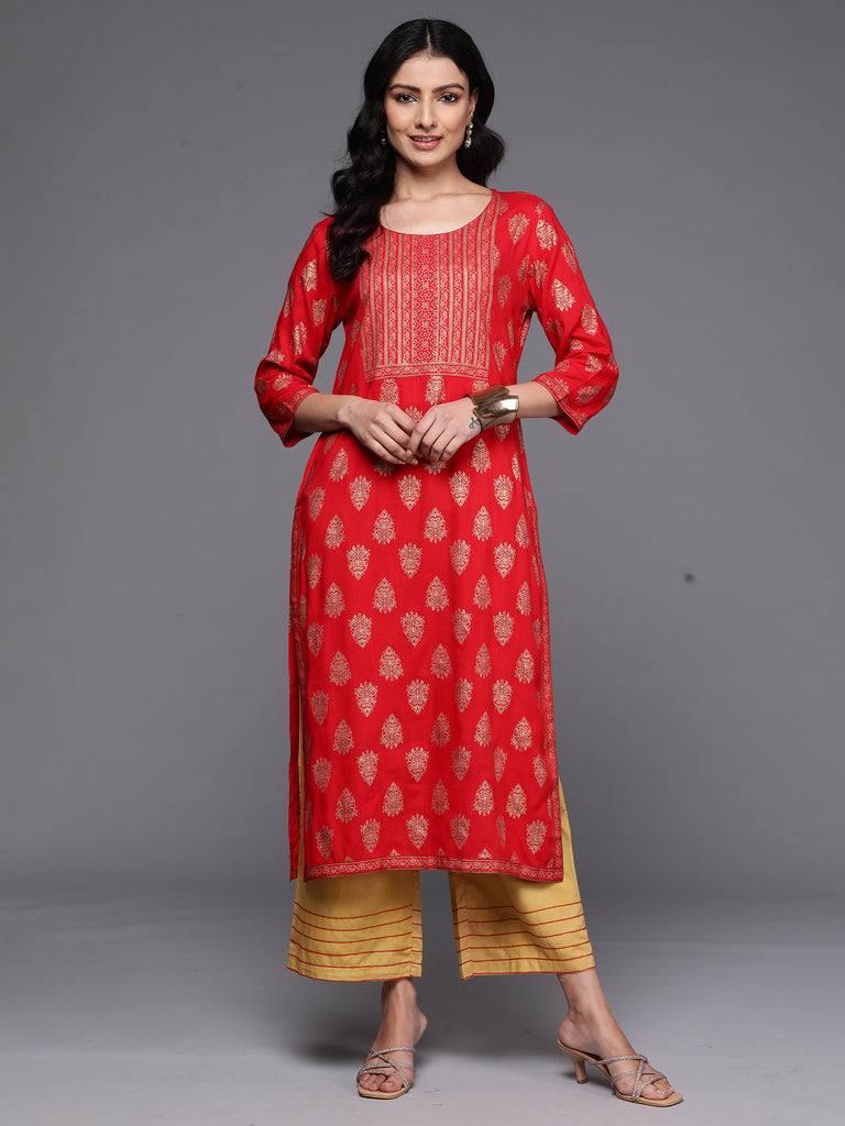 Indo Era Red Printed Straight Kurtas - Diva D London LTD