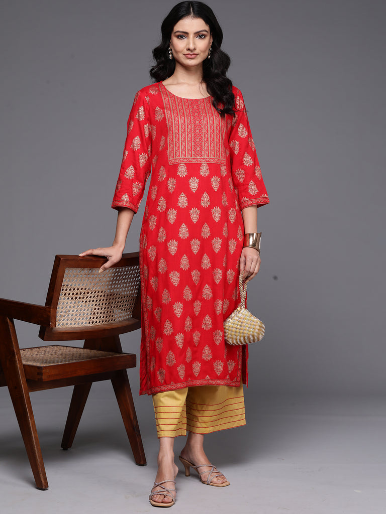 Indo Era Red Printed Straight Kurtas - Diva D London LTD