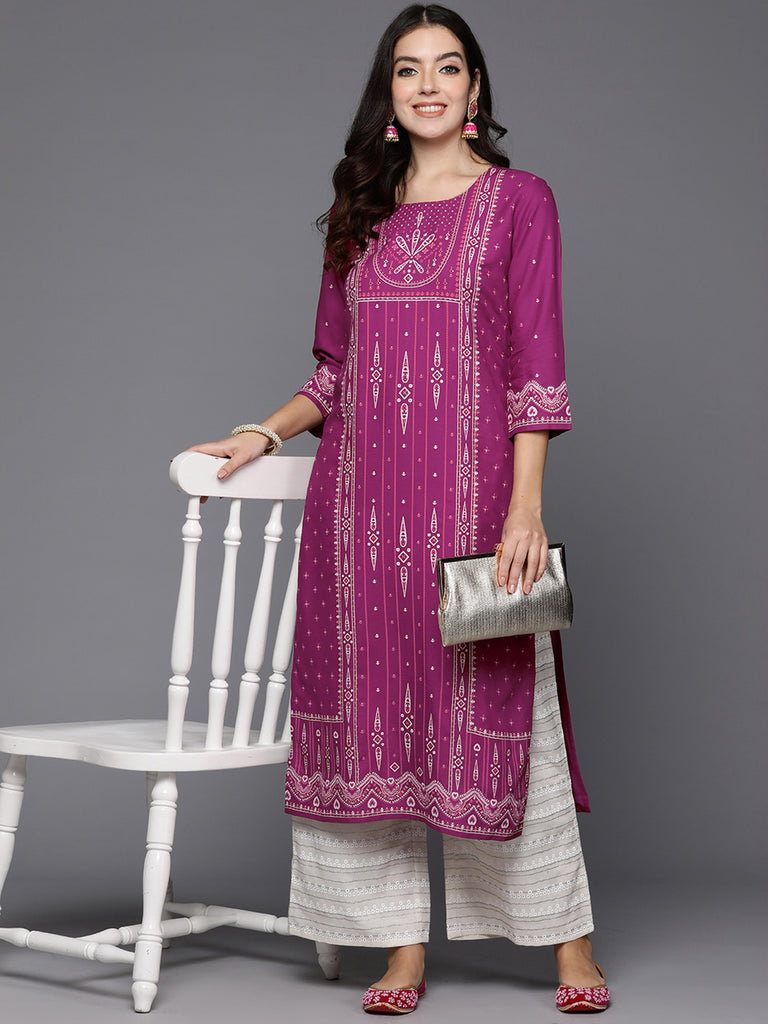 Indo Era Burgundy Printed Straight Kurtas - Diva D London LTD