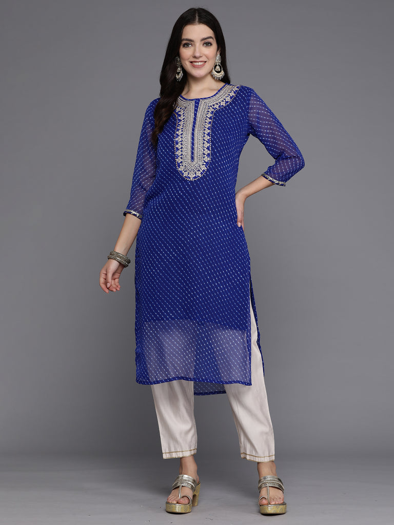 Indo Era Blue Printed Straight Kurtas