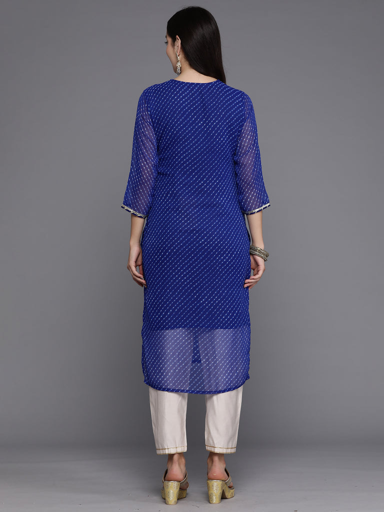 Indo Era Blue Printed Straight Kurtas