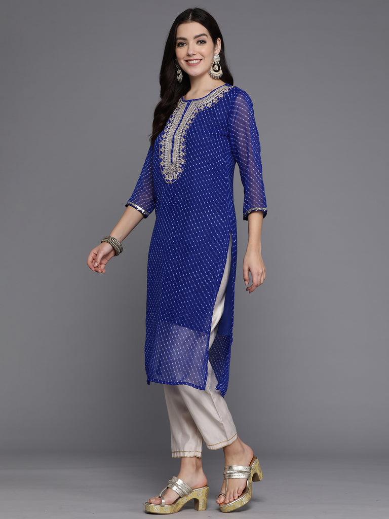 Indo Era Blue Printed Straight Kurtas