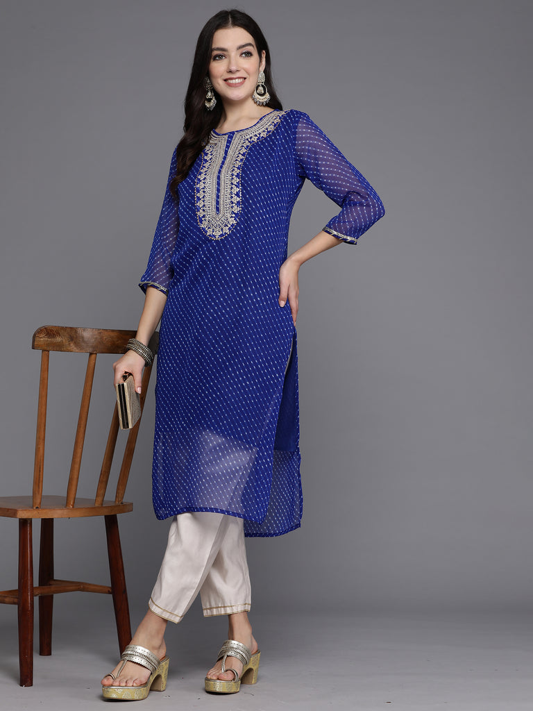 Indo Era Blue Printed Straight Kurtas