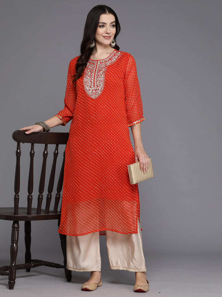 Indo Era Orange Printed Straight Kurtas