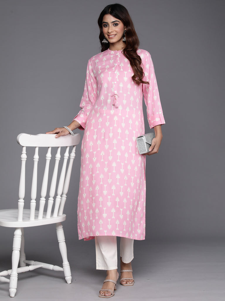 Indo Era Pink Printed Straight Kurtas