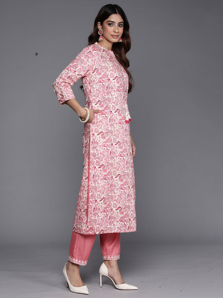 Indo Era Pink Printed Straight Kurtas