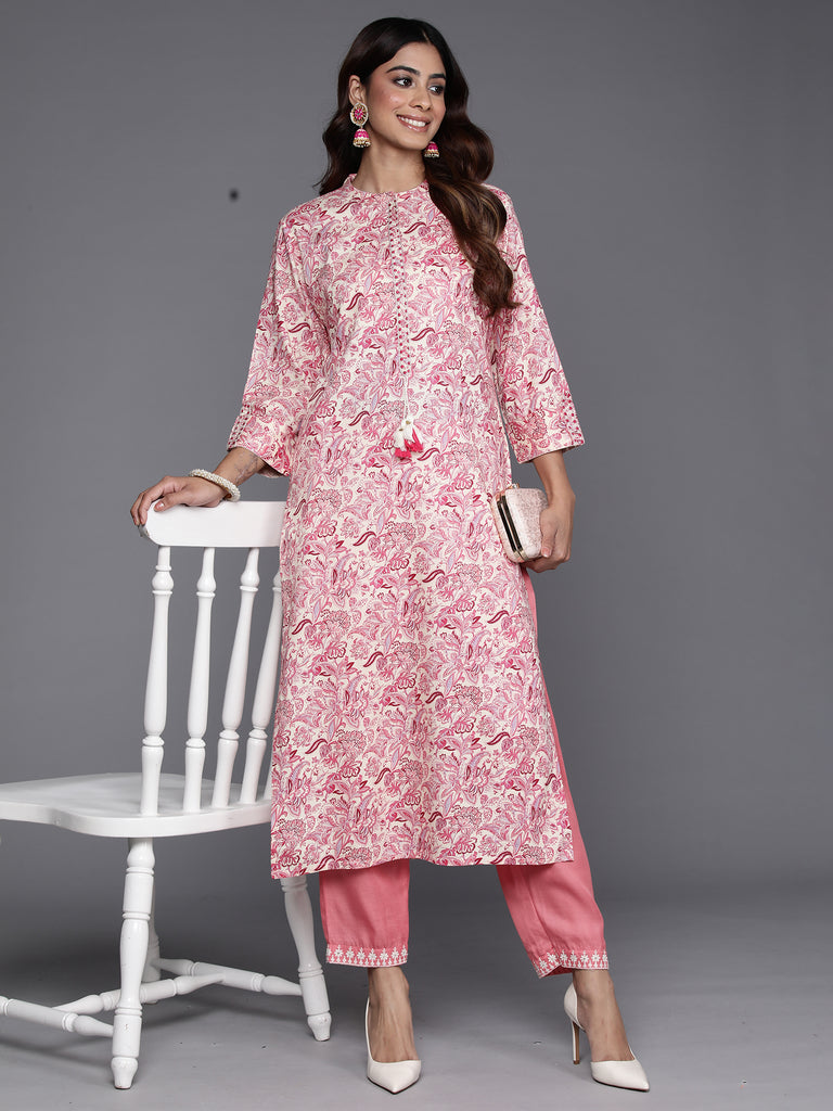 Indo Era Pink Printed Straight Kurtas