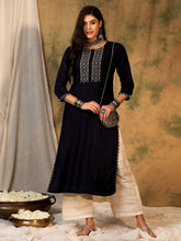 Load image into Gallery viewer, Indo Era Navy Blue Embroidered Straight Kurtas