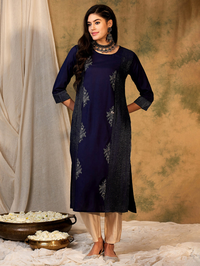 Indo Era Navy Blue Embroidered Straight Kurtas