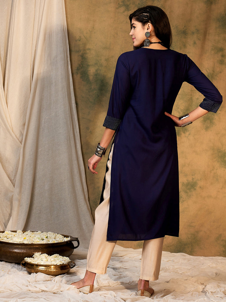 Indo Era Navy Blue Embroidered Straight Kurtas