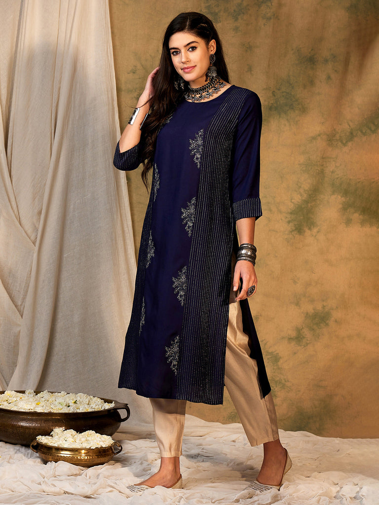 Indo Era Navy Blue Embroidered Straight Kurtas