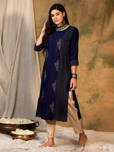 Load image into Gallery viewer, Indo Era Navy Blue Embroidered Straight Kurtas