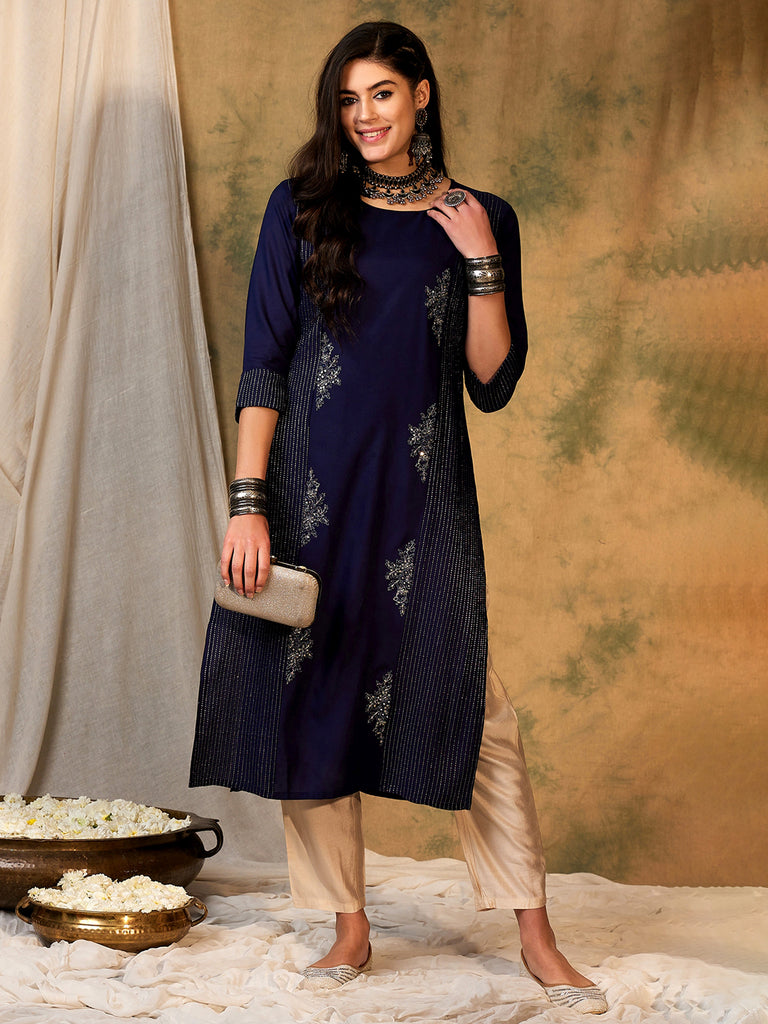 Indo Era Navy Blue Embroidered Straight Kurtas