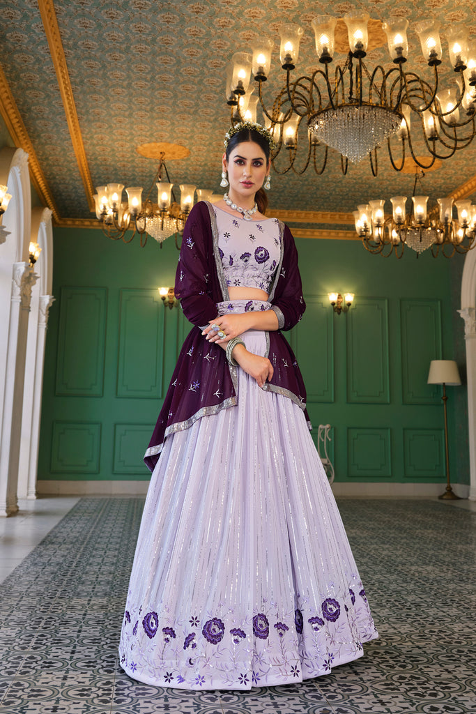 Lavender Designer Georgette Lehenga Choli With Embroidered Belt