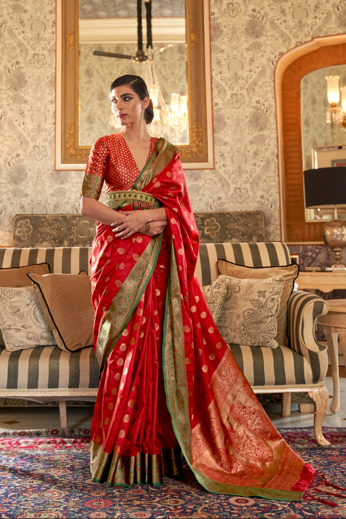 Red Tussar Silk Traditional Saree with Zari Work