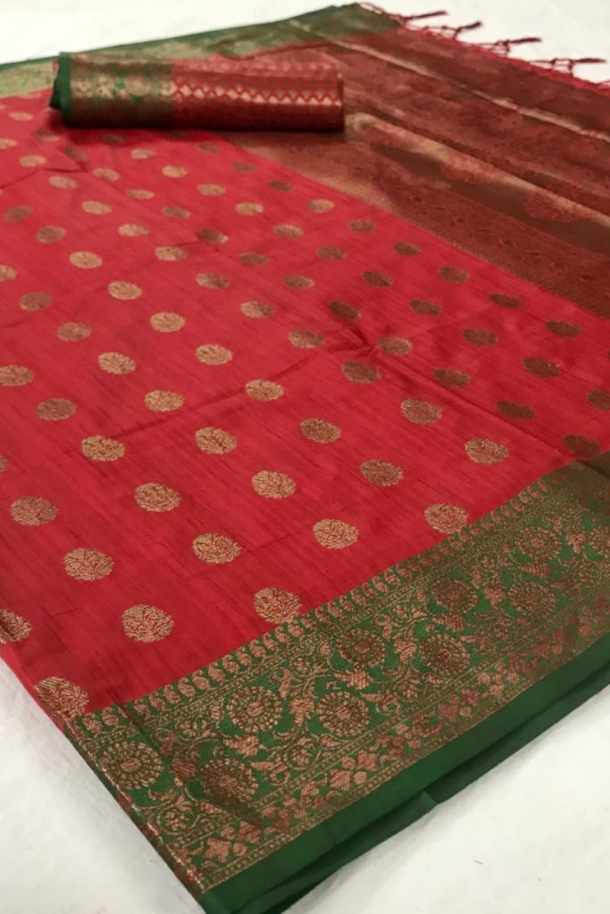 Red Tussar Silk Traditional Saree with Zari Work