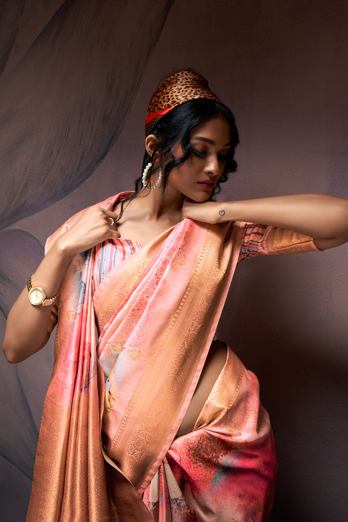 Peach Multi Digital Tie-Dye Printed Silk Saree