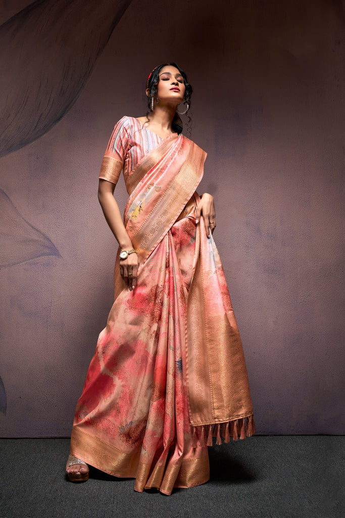Peach Multi Digital Tie-Dye Printed Silk Saree