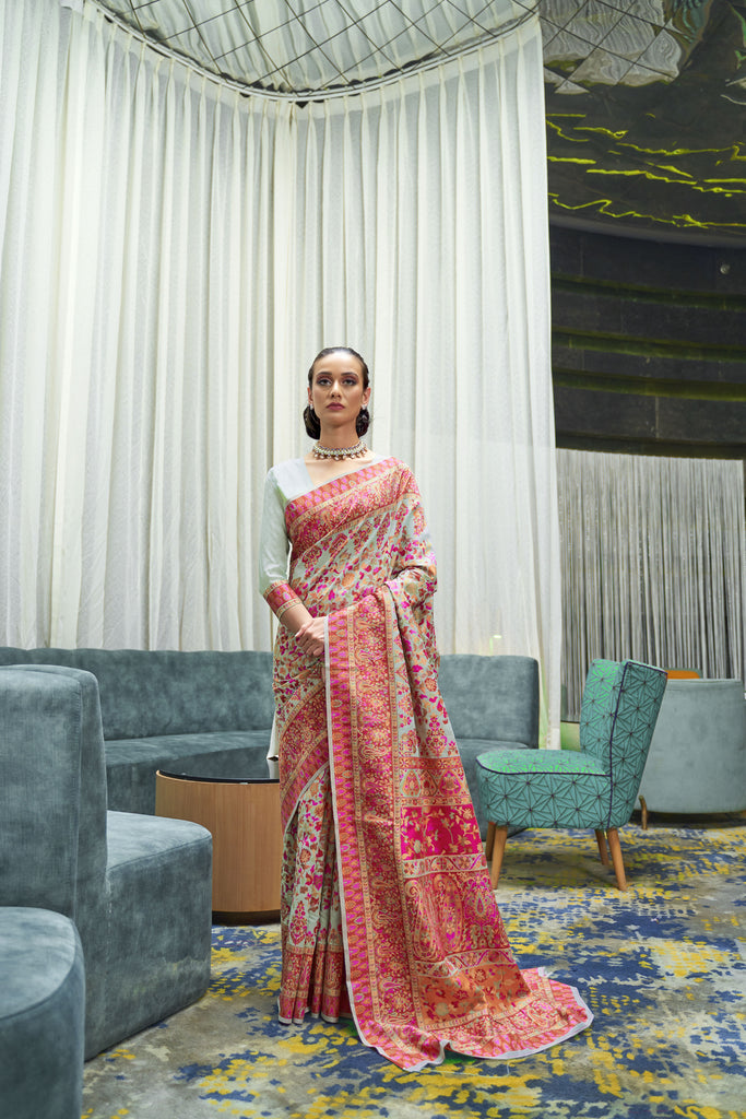 Ivory Woven Modal Pashmina Saree With Beautiful Heavy Designer Pallu