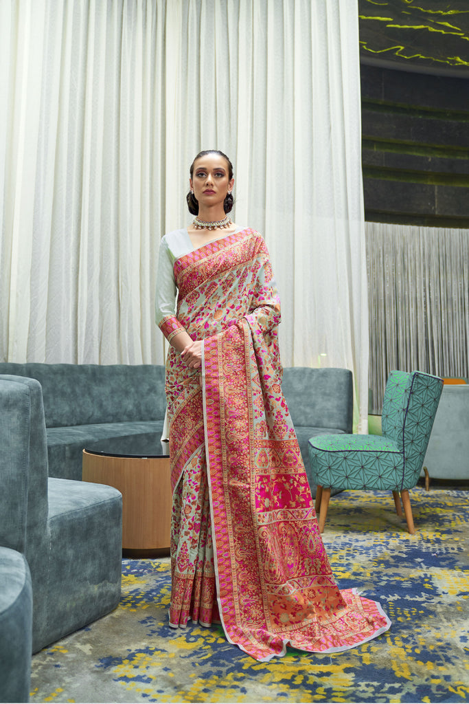 Ivory Woven Modal Pashmina Saree With Beautiful Heavy Designer Pallu
