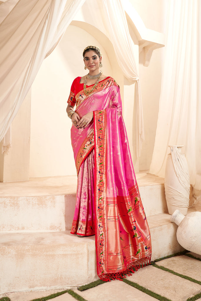 Rose Pink Tissue Silk Weaved Pathani Saree