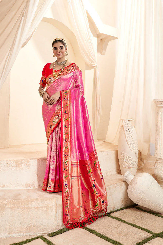 Rose Pink Tissue Silk Weaved Pathani Saree
