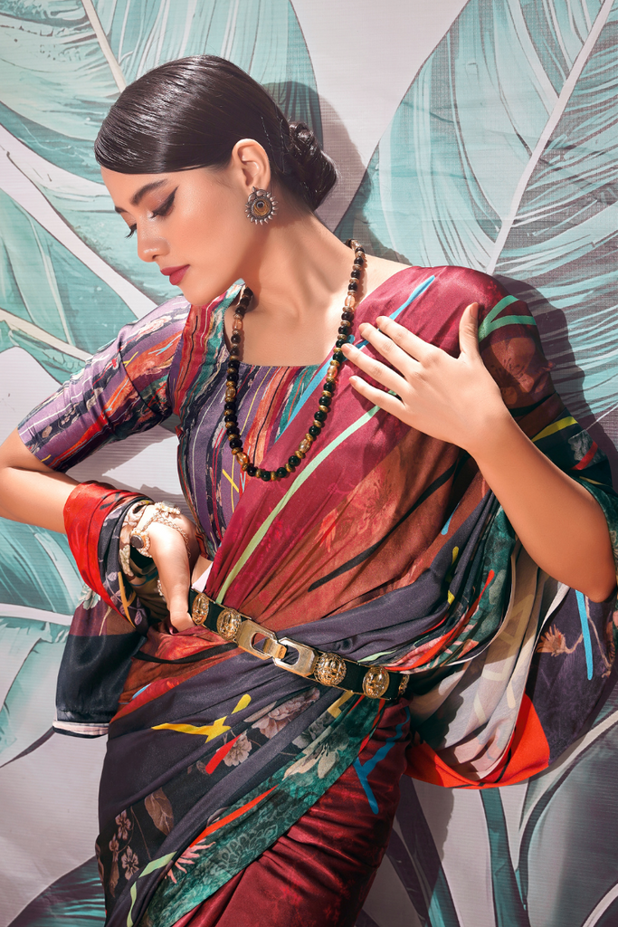 Maroon Multicoloured Printed Casual Wear Satin Crape Saree