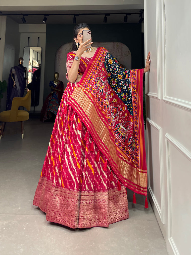 Red Dola Silk Lehenga Choli With Navy Dupatta