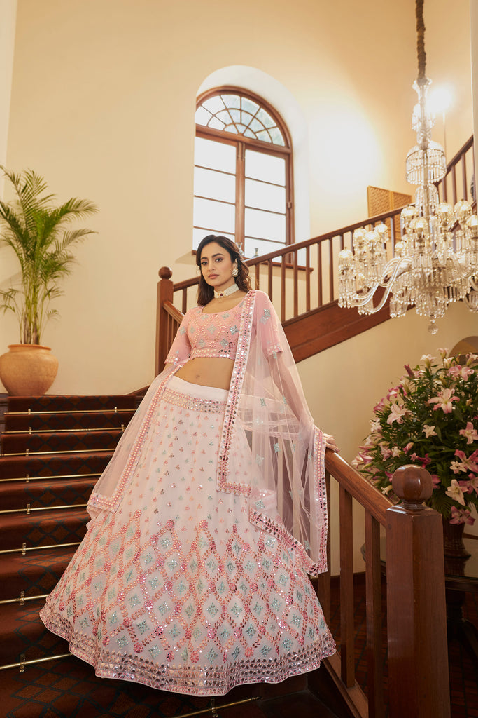 Pink Designer Sequins And Gotta Patti Embroidered Wedding Wear Lehenga Choli In Georgette