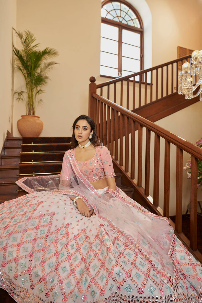 Pink Designer Sequins And Gotta Patti Embroidered Wedding Wear Lehenga Choli In Georgette