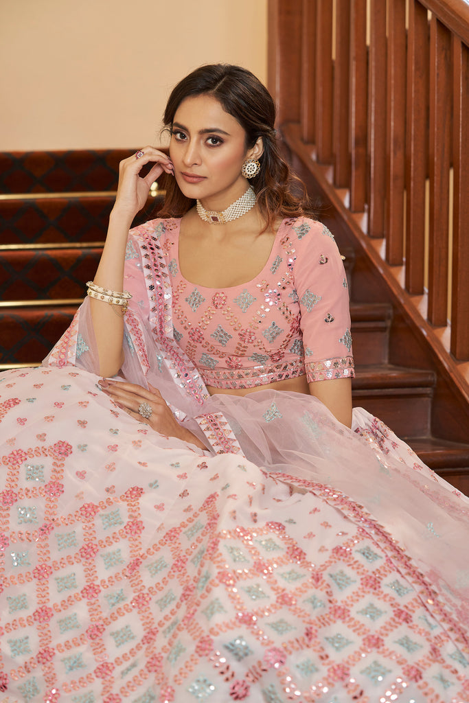 Pink Designer Sequins And Gotta Patti Embroidered Wedding Wear Lehenga Choli In Georgette