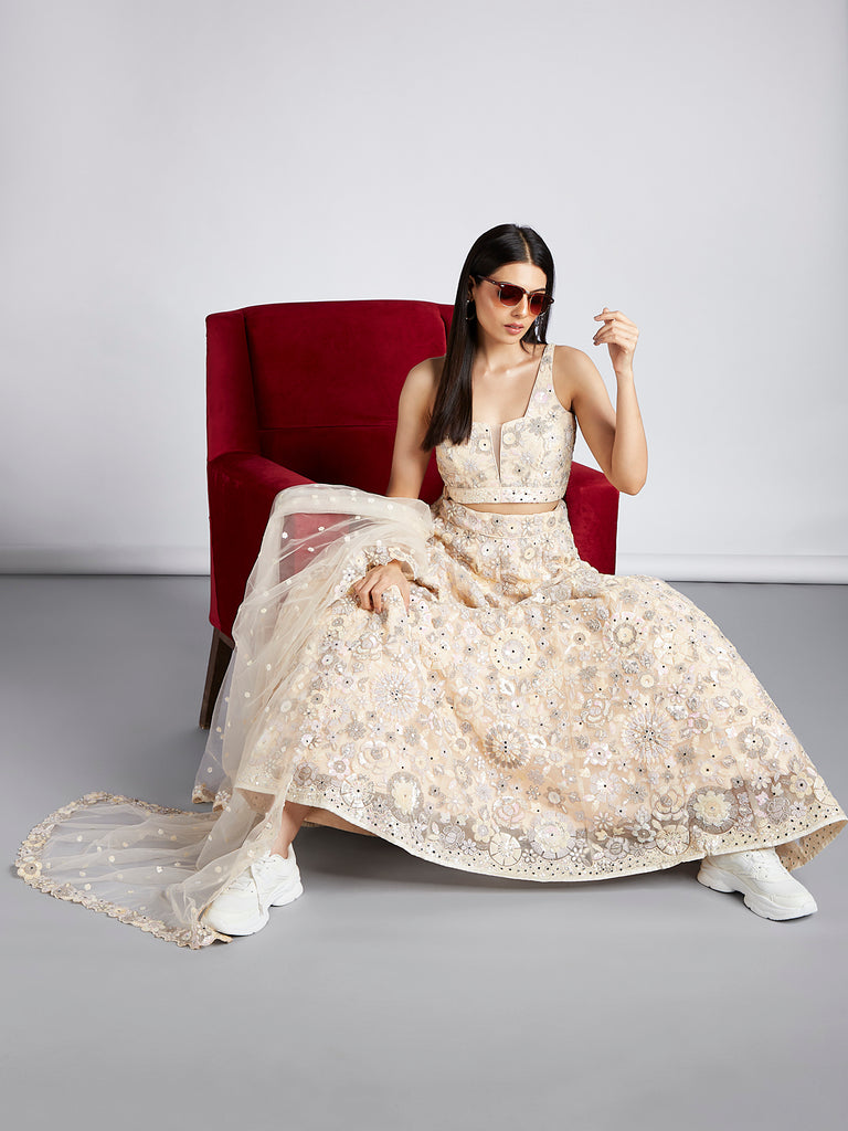 Cream Net Sequins Mirror Thread Embroidery Lehenga Choli & Dupatta