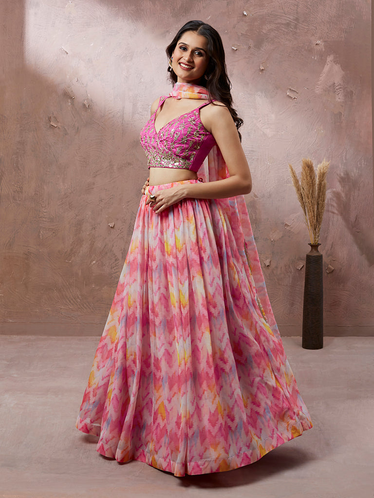 Pink Organza Floral Design Digital Print Lehenga Choli & Dupatta