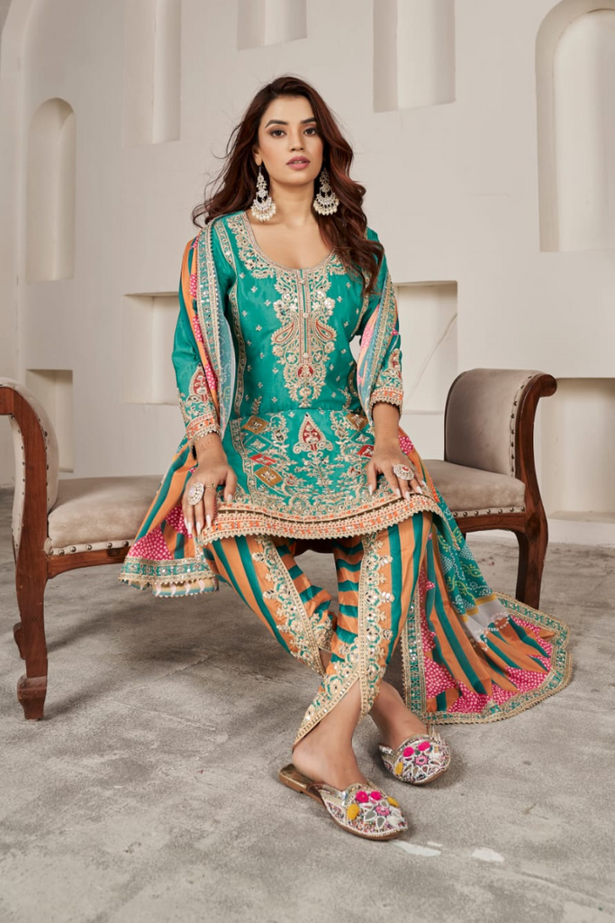 Mint Dhoti Suit With Heavy Handwork Embroidery