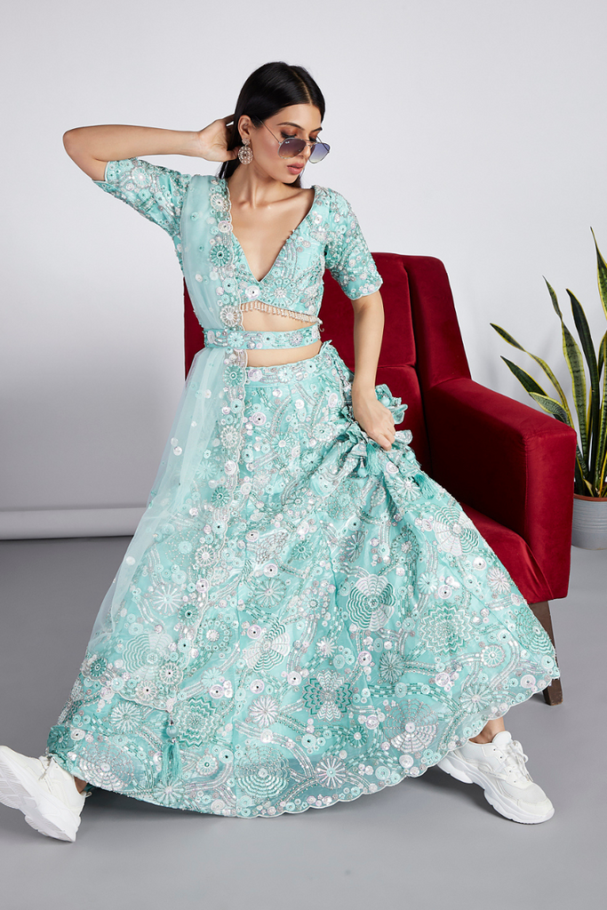 Turquoise Blue Net Sequins And Zarkan Embroidery Lehenga Choli & Dupatta