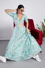 Load image into Gallery viewer, Turquoise Blue Net Sequins And Zarkan Embroidery Lehenga Choli &amp; Dupatta