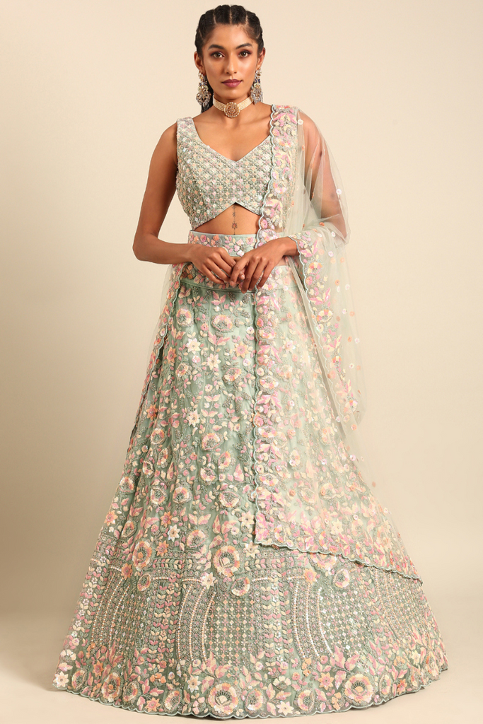 Sea Green net multi sequins with heavy zarkan embroidery semi-stitched lehenga choli & dupatta