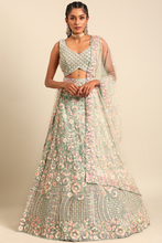 Load image into Gallery viewer, Sea Green net multi sequins with heavy zarkan embroidery semi-stitched lehenga choli &amp; dupatta