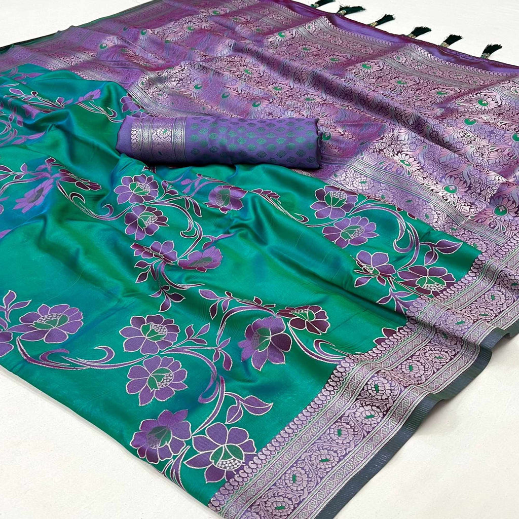 Green Floral Woven Satin Saree With Tassels