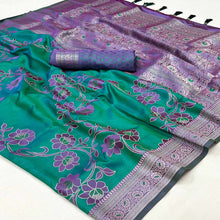 Load image into Gallery viewer, Green Floral Woven Satin Saree With Tassels