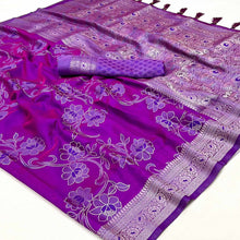 Load image into Gallery viewer, Purple Floral Woven Satin Saree With Tassels