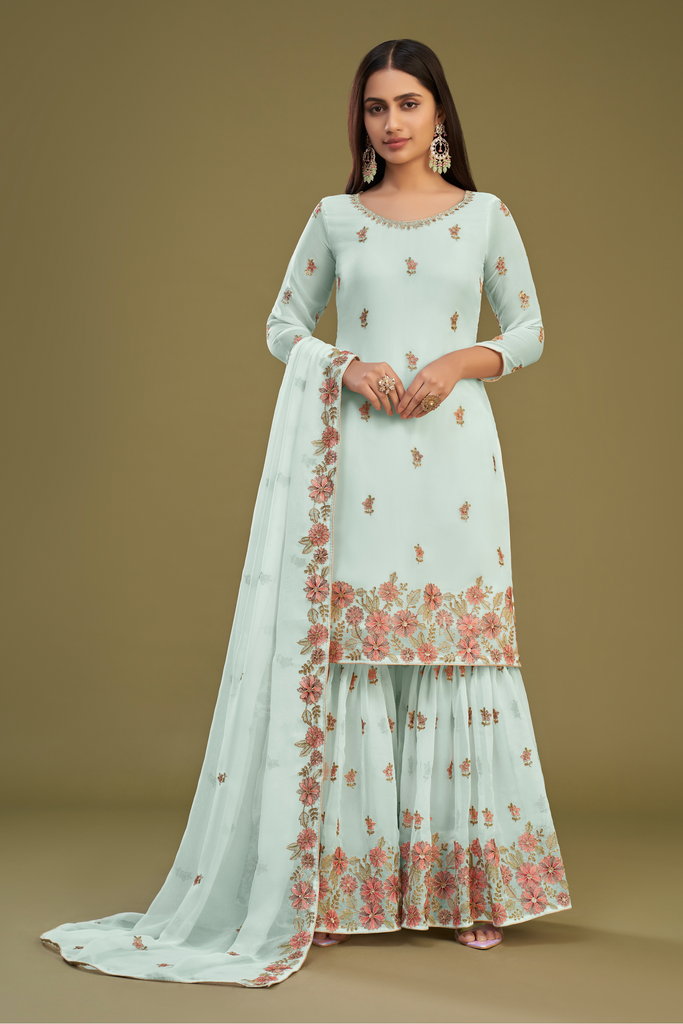 Sky Blue Party Wear Palazzo Suit With Floral Embroidery Work In Georgette - Diva D London LTD