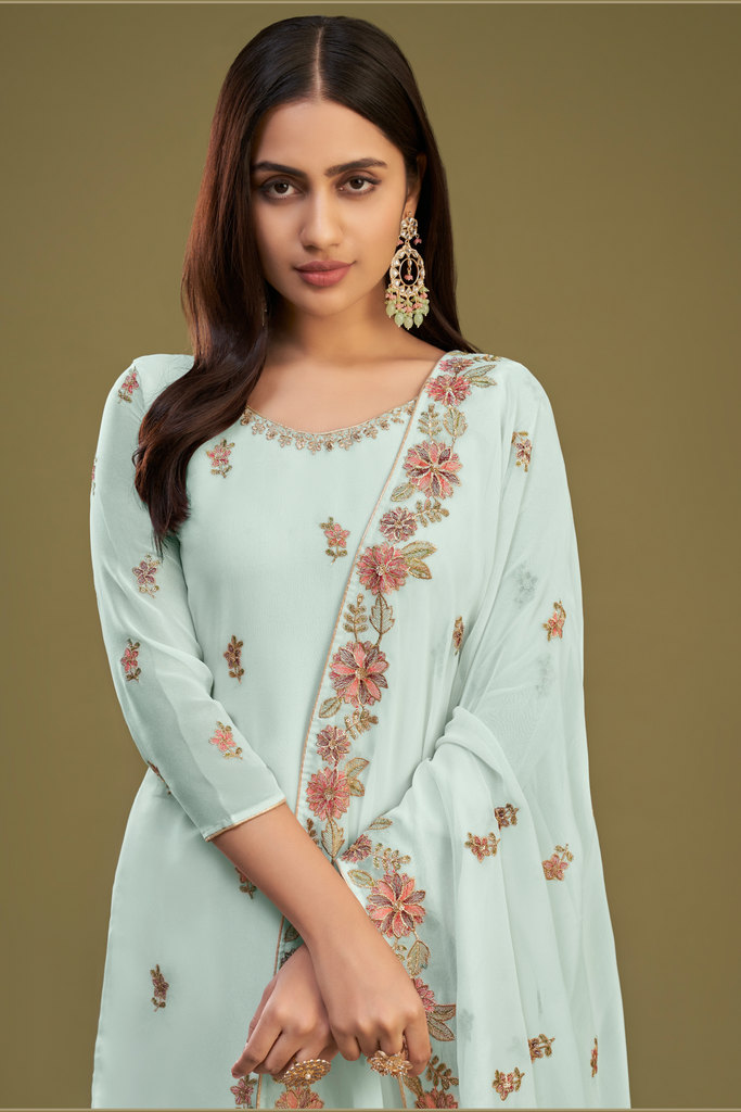 Sky Blue Party Wear Palazzo Suit With Floral Embroidery Work In Georgette - Diva D London LTD