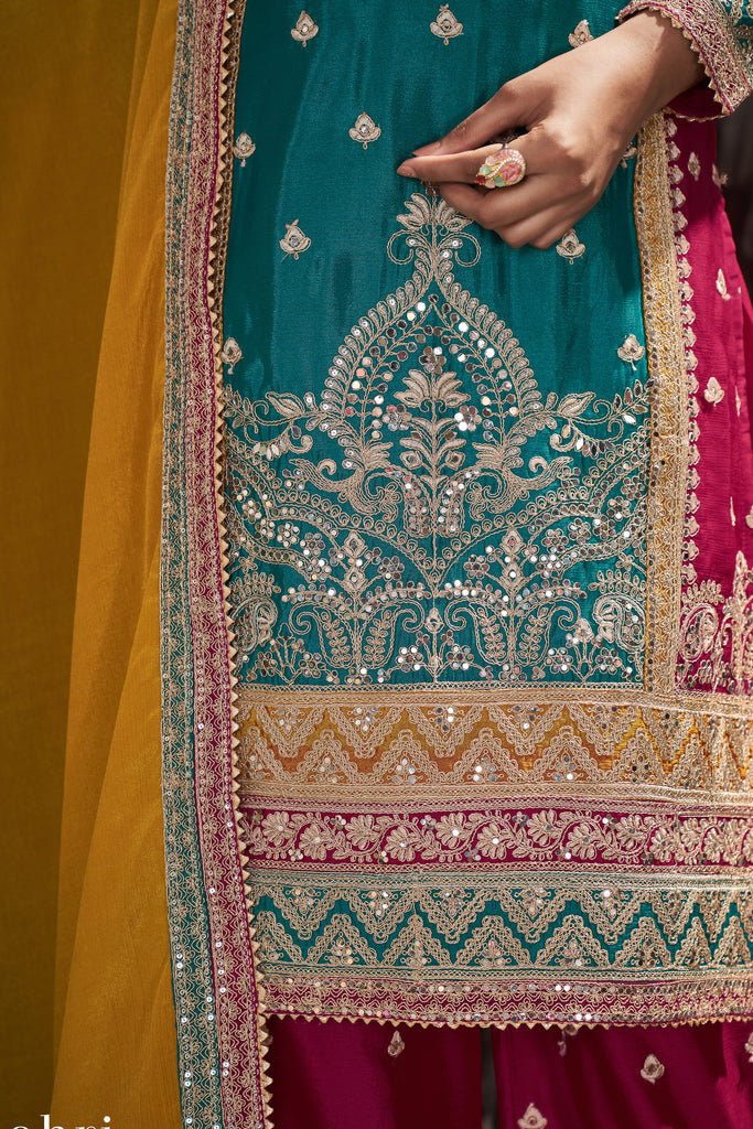 Teal Embroidered Art Silk Pakistani Suit
