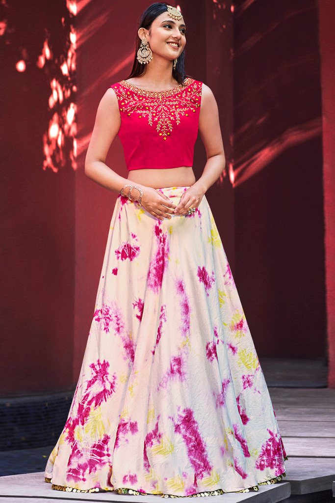 Pink Cotton Shibori Print Work Lehenga Choli