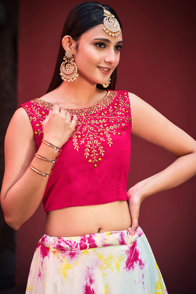 Pink Cotton Shibori Print Work Lehenga Choli