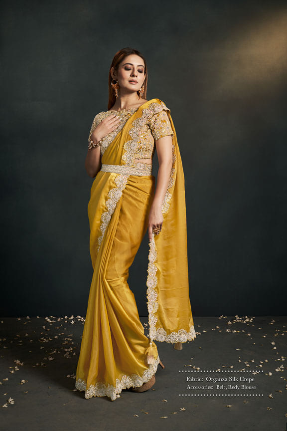 Mustard Pre-Stitched Saree In Contemporary Style