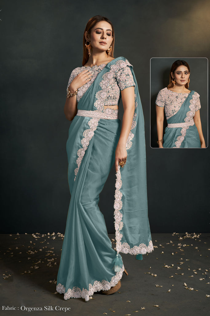 Sea Green Organza Silk Pre-Stitched Saree In Contemporary Style